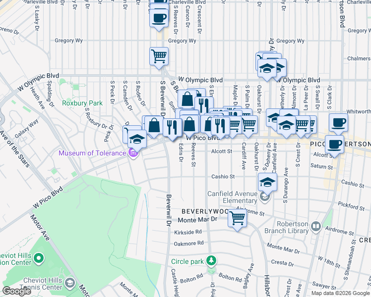 map of restaurants, bars, coffee shops, grocery stores, and more near 9583 Alcott Street in Los Angeles
