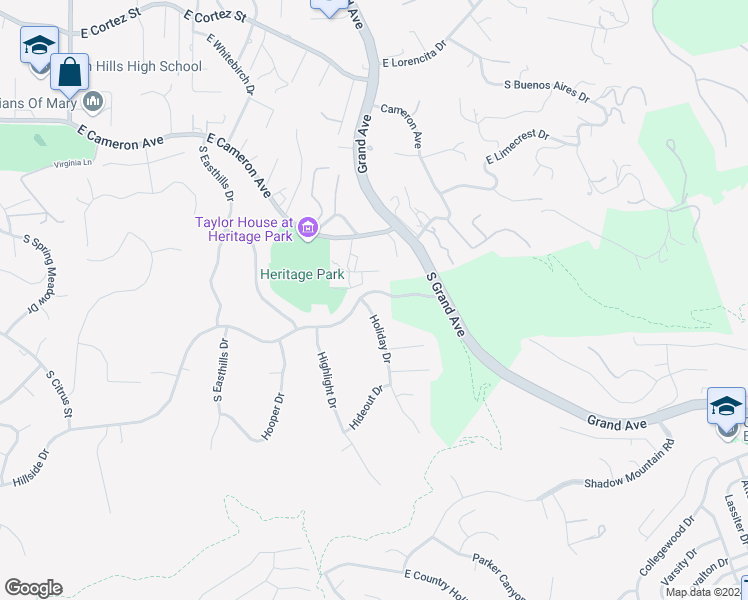 map of restaurants, bars, coffee shops, grocery stores, and more near 998 Holiday Drive in West Covina