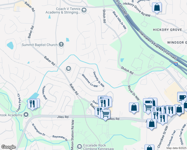 map of restaurants, bars, coffee shops, grocery stores, and more near 2193 Serenity Drive Northwest in Acworth