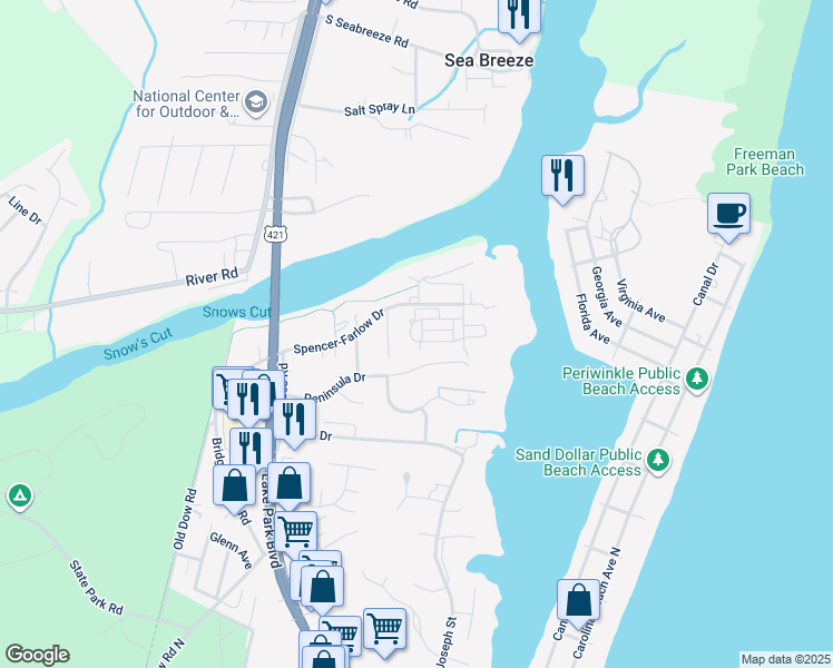 map of restaurants, bars, coffee shops, grocery stores, and more near 225 Silver Sloop Way in Carolina Beach