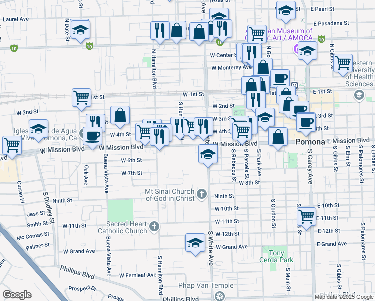 map of restaurants, bars, coffee shops, grocery stores, and more near 960 West Mission Boulevard in Pomona