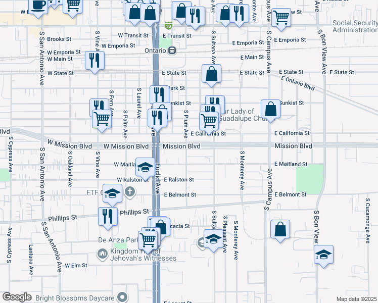 map of restaurants, bars, coffee shops, grocery stores, and more near 302 East Carlton Street in Ontario