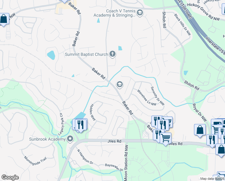 map of restaurants, bars, coffee shops, grocery stores, and more near 4190 Baker Station Court in Acworth