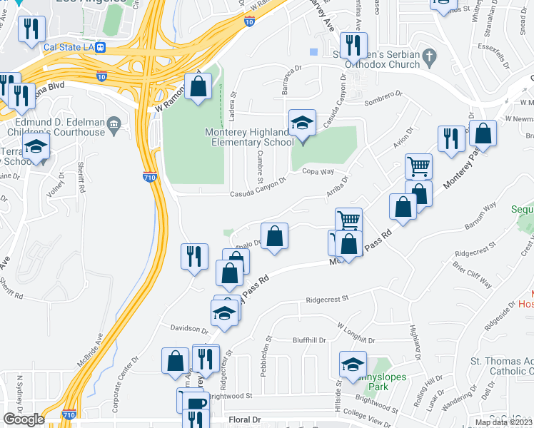 map of restaurants, bars, coffee shops, grocery stores, and more near 2035 Arriba Drive in Monterey Park