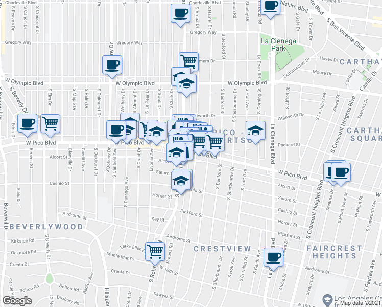map of restaurants, bars, coffee shops, grocery stores, and more near 8760 West Pico Boulevard in Los Angeles