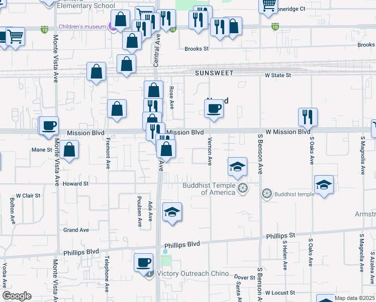 map of restaurants, bars, coffee shops, grocery stores, and more near 10974 Gala Lane in Ontario
