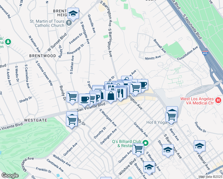 map of restaurants, bars, coffee shops, grocery stores, and more near 11733 Montana Avenue in Los Angeles