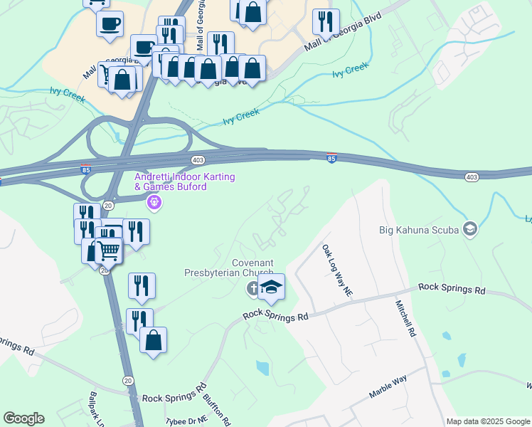 map of restaurants, bars, coffee shops, grocery stores, and more near 100 Woodiron Drive in Duluth