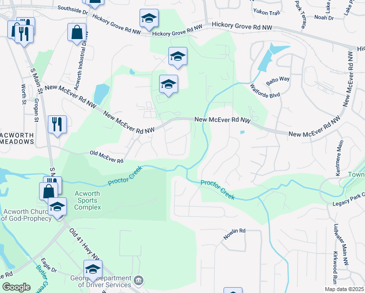 map of restaurants, bars, coffee shops, grocery stores, and more near 3921 Spearmint Lane Northwest in Acworth