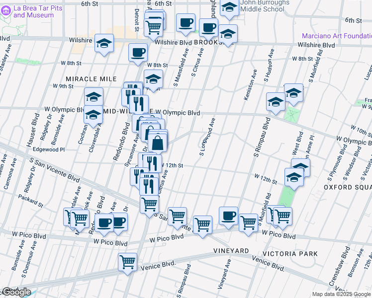 map of restaurants, bars, coffee shops, grocery stores, and more near 1144 South Highland Avenue in Los Angeles