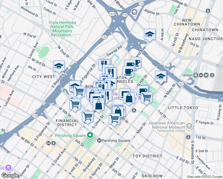 map of restaurants, bars, coffee shops, grocery stores, and more near S Grand Ave & W 2nd St in Los Angeles