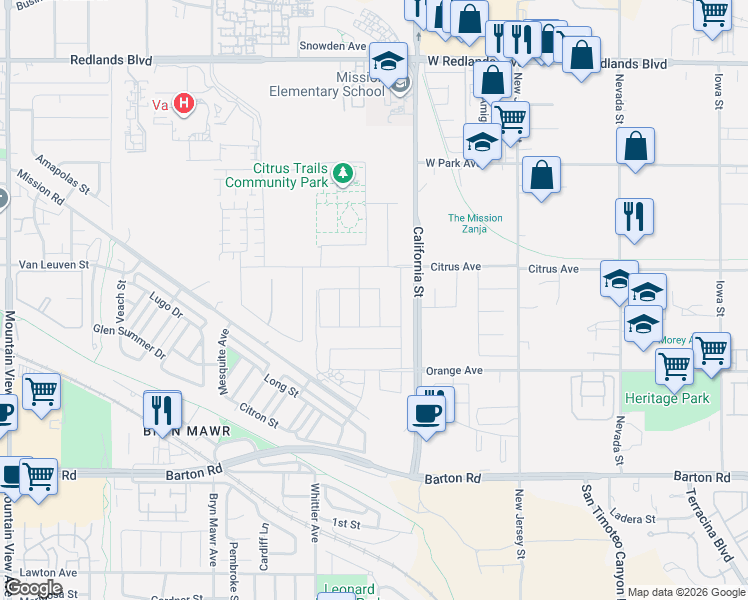 map of restaurants, bars, coffee shops, grocery stores, and more near 10994 Roble Street in Loma Linda