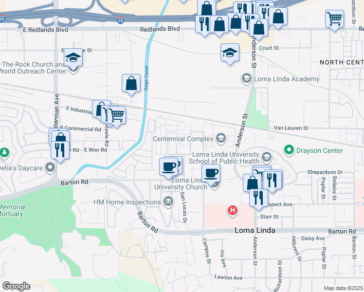 map of restaurants, bars, coffee shops, grocery stores, and more near 10972 Evans Street in Loma Linda