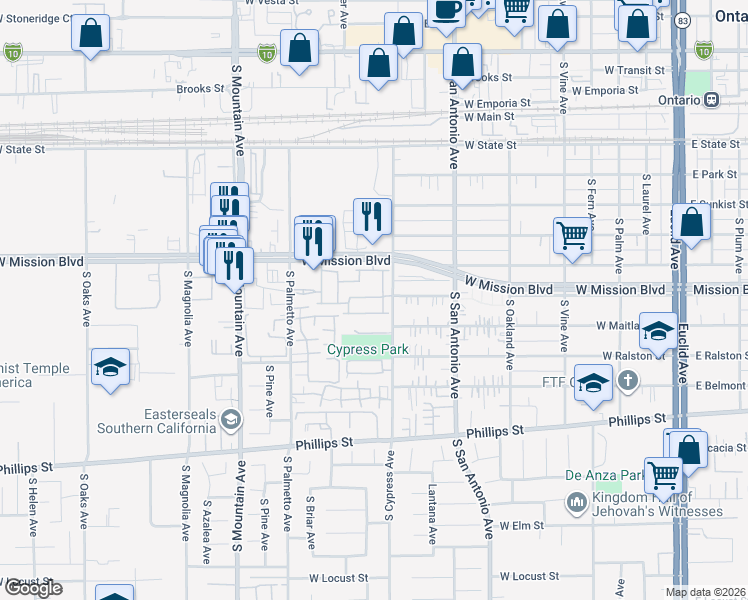 map of restaurants, bars, coffee shops, grocery stores, and more near 839 Carlton Privado in Ontario