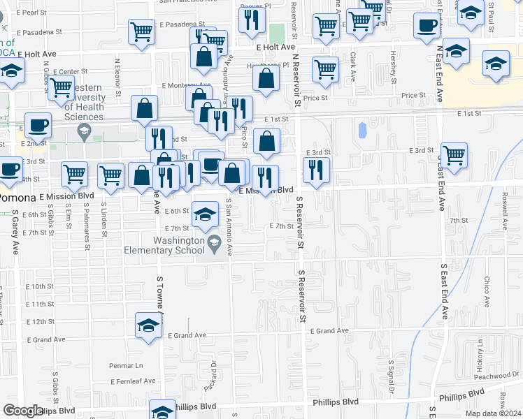 map of restaurants, bars, coffee shops, grocery stores, and more near 1105 East 7th Street in Pomona