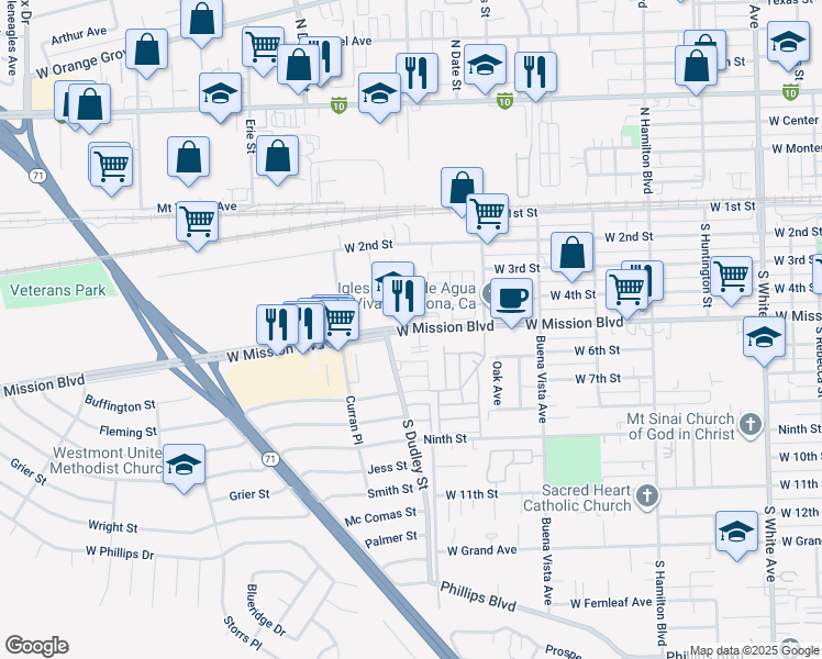 map of restaurants, bars, coffee shops, grocery stores, and more near 1514 West Mission Boulevard in Pomona