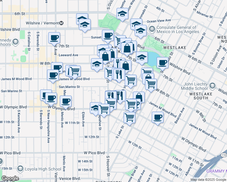 map of restaurants, bars, coffee shops, grocery stores, and more near 930 South Hoover Street in Los Angeles