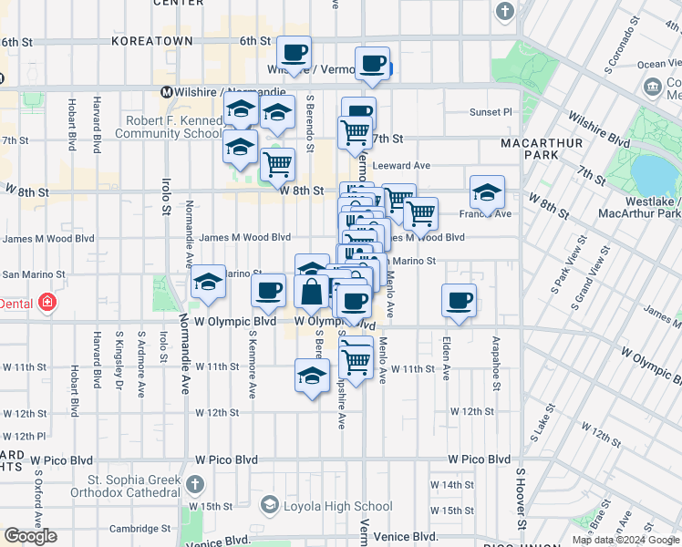 map of restaurants, bars, coffee shops, grocery stores, and more near 2946 San Marino Street in Los Angeles