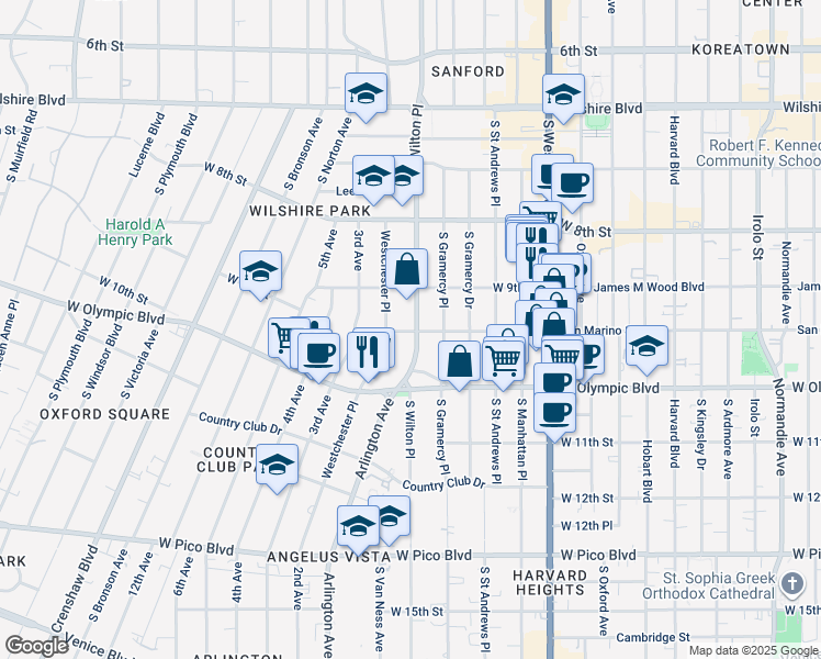 map of restaurants, bars, coffee shops, grocery stores, and more near 3717 San Marino Street in Los Angeles