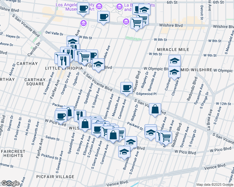 map of restaurants, bars, coffee shops, grocery stores, and more near 1119 1/2 South Sierra Bonita Avenue in Los Angeles