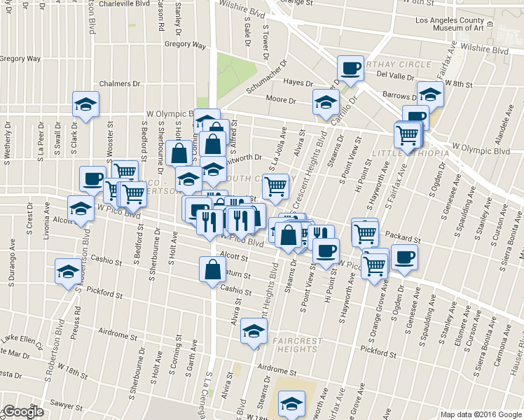 map of restaurants, bars, coffee shops, grocery stores, and more near 1207 Alvira Street in Los Angeles