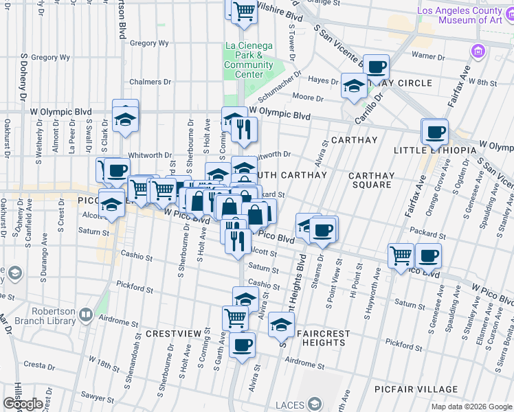 map of restaurants, bars, coffee shops, grocery stores, and more near 1215 South Alfred Street in Los Angeles