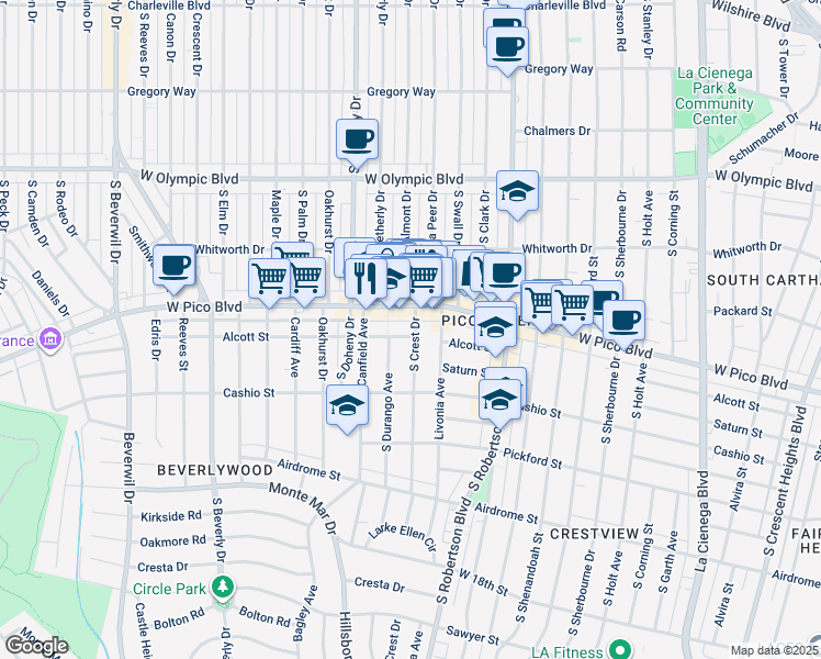 map of restaurants, bars, coffee shops, grocery stores, and more near 1427 South Crest Drive in Los Angeles
