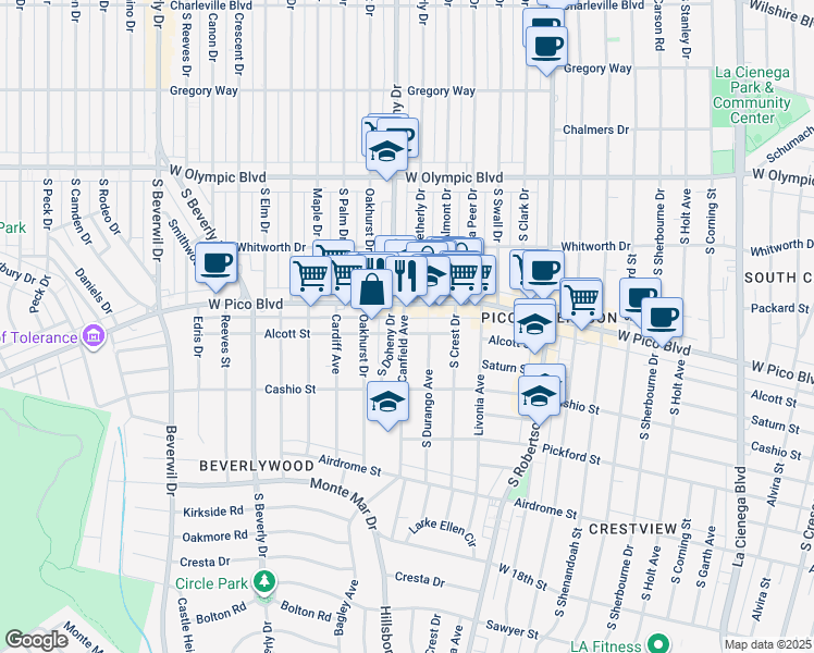 map of restaurants, bars, coffee shops, grocery stores, and more near 9043 Alcott Street in Los Angeles