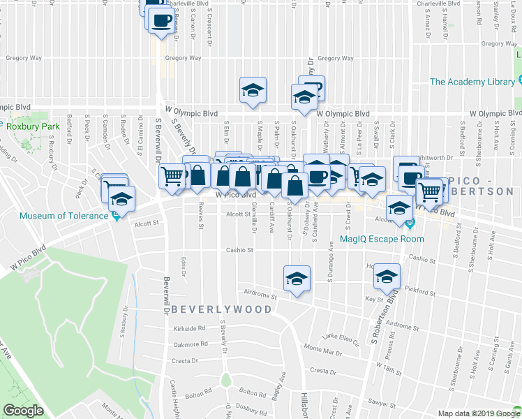 map of restaurants, bars, coffee shops, grocery stores, and more near 9315 Alcott Street in Los Angeles