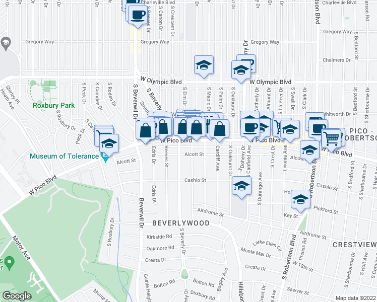 map of restaurants, bars, coffee shops, grocery stores, and more near 1418 South Beverly Drive in Los Angeles