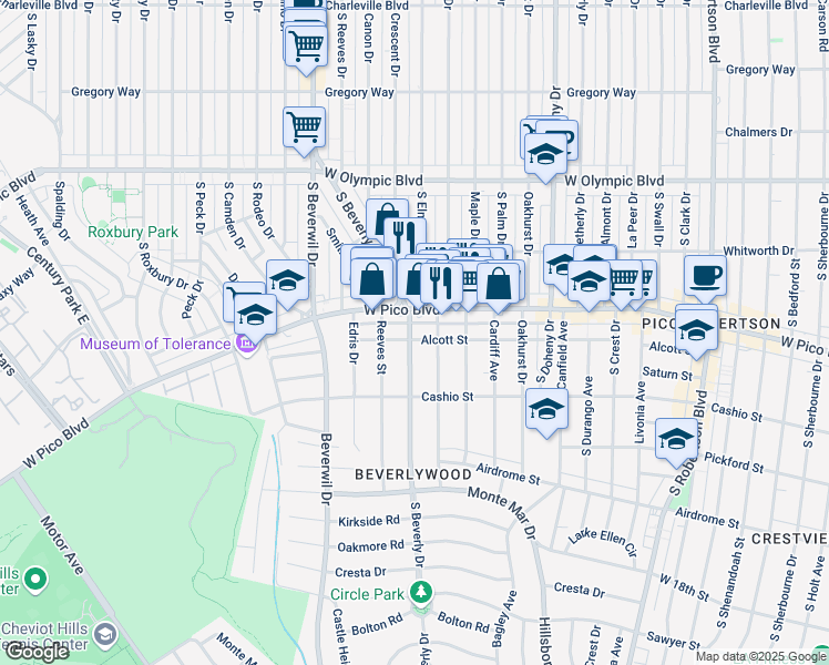 map of restaurants, bars, coffee shops, grocery stores, and more near 1418 South Beverly Drive in Los Angeles