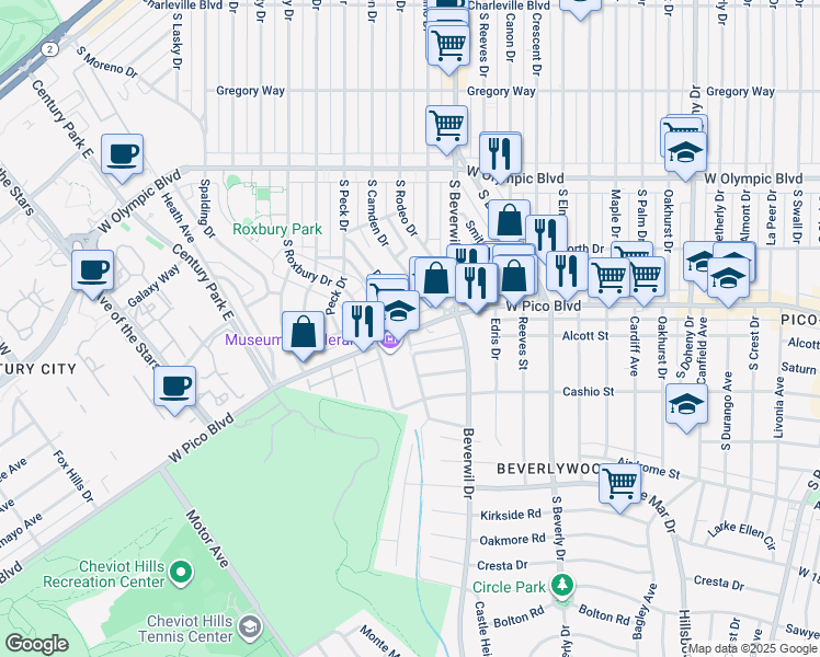 map of restaurants, bars, coffee shops, grocery stores, and more near 9751 West Pico Boulevard in Los Angeles