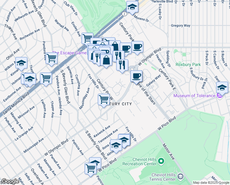 map of restaurants, bars, coffee shops, grocery stores, and more near 2115 Century Woods Way in Los Angeles
