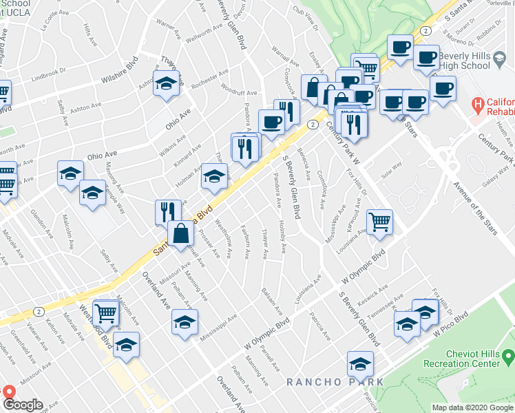 map of restaurants, bars, coffee shops, grocery stores, and more near 1851 Holmby Avenue in Los Angeles