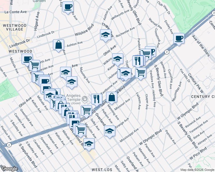 map of restaurants, bars, coffee shops, grocery stores, and more near 10617 Eastborne Avenue in Los Angeles