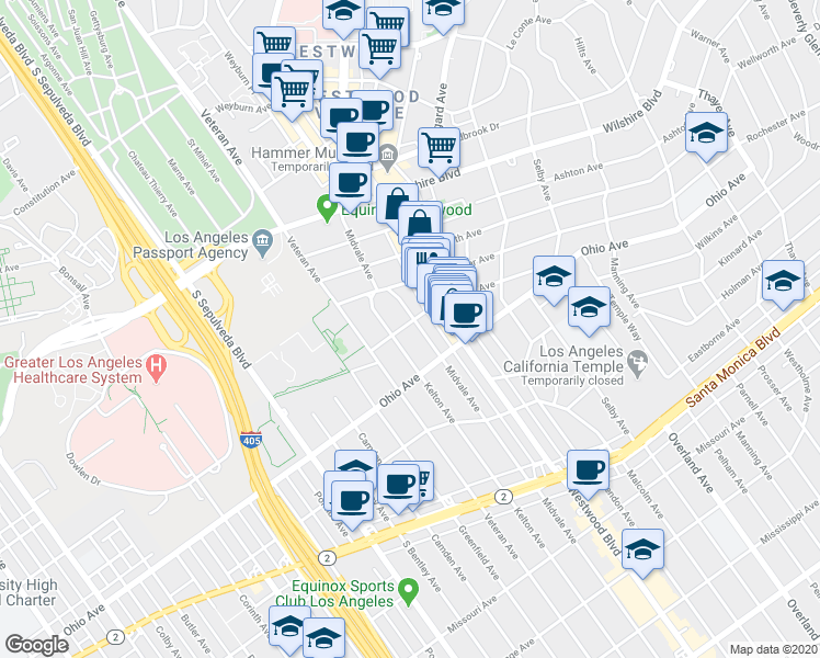 map of restaurants, bars, coffee shops, grocery stores, and more near 1409 Midvale Avenue in Los Angeles