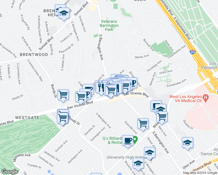 map of restaurants, bars, coffee shops, grocery stores, and more near 11706 Montana Avenue in Los Angeles