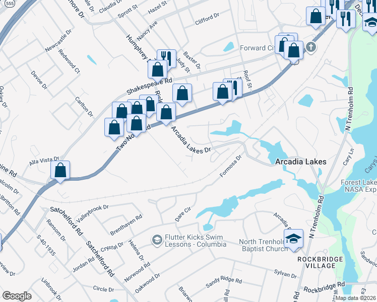map of restaurants, bars, coffee shops, grocery stores, and more near 18 Ward Court in Columbia