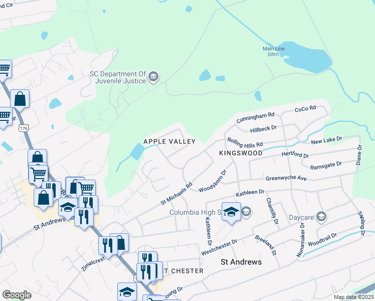 map of restaurants, bars, coffee shops, grocery stores, and more near 1937 Rolling Hills Road in Columbia