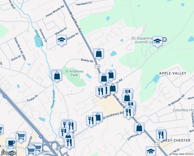 map of restaurants, bars, coffee shops, grocery stores, and more near 139 Connie Drive in Columbia