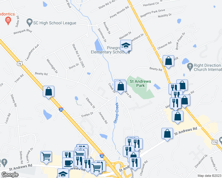 map of restaurants, bars, coffee shops, grocery stores, and more near 201 Timber Court in Columbia