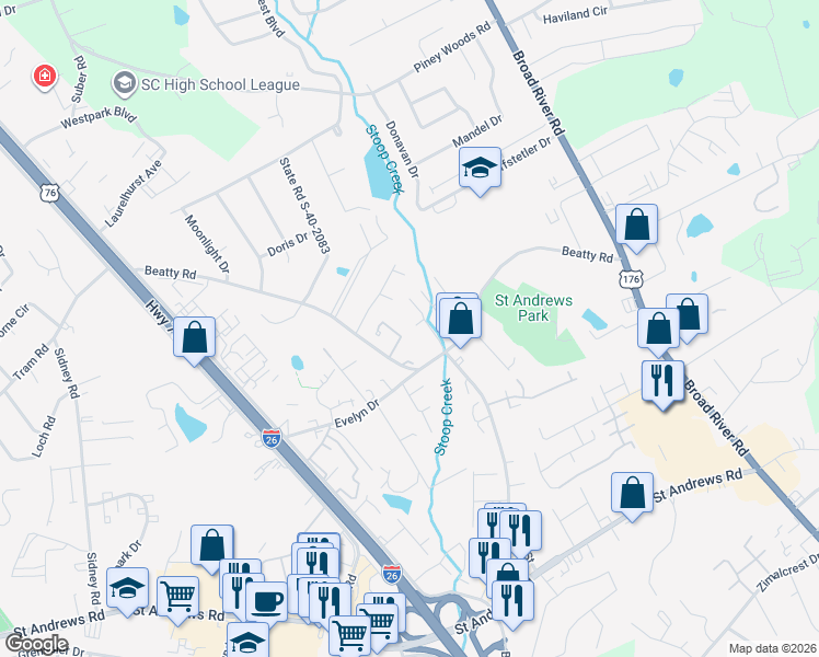 map of restaurants, bars, coffee shops, grocery stores, and more near 525 Hickory Hill Drive in Columbia