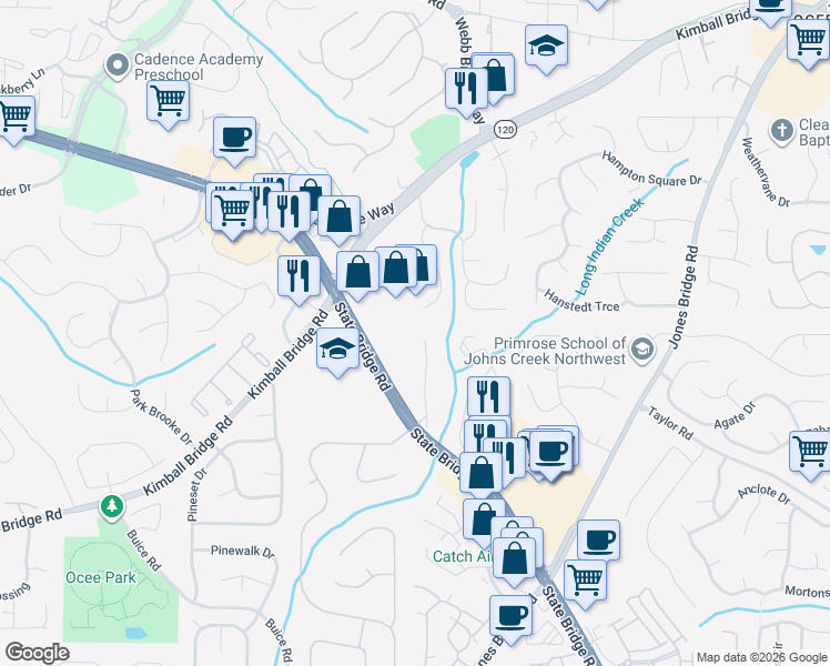 map of restaurants, bars, coffee shops, grocery stores, and more near 11270 Amy Frances Lane in Alpharetta