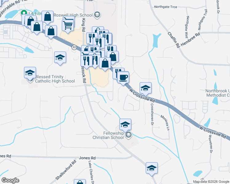 map of restaurants, bars, coffee shops, grocery stores, and more near 1610 Elgaen Place Drive in Roswell