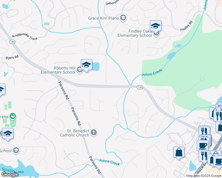 map of restaurants, bars, coffee shops, grocery stores, and more near 5700 Abbotts Bridge Road in Duluth