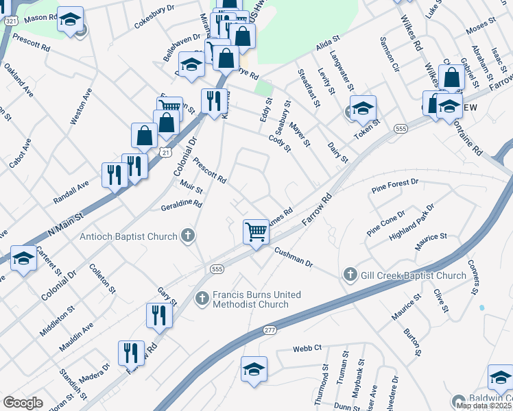 map of restaurants, bars, coffee shops, grocery stores, and more near 1700 Prescott Road in Columbia