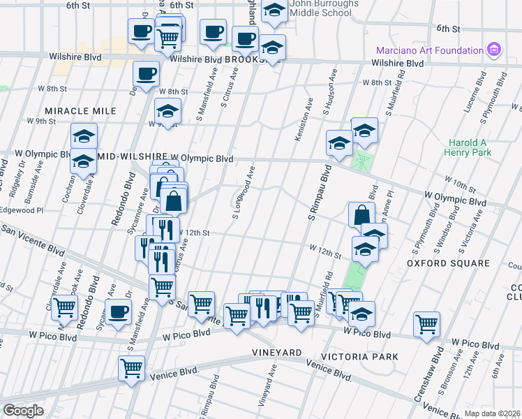 map of restaurants, bars, coffee shops, grocery stores, and more near 1132 South Tremaine Avenue in Los Angeles
