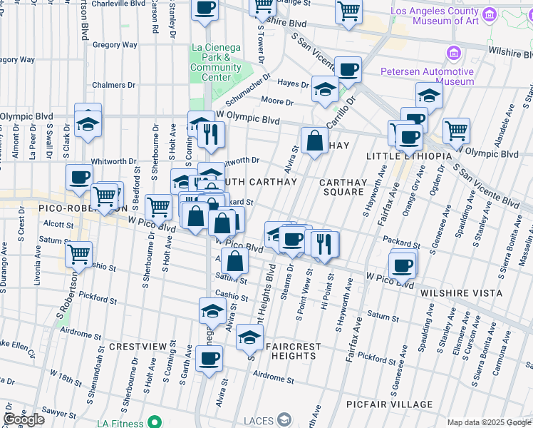 map of restaurants, bars, coffee shops, grocery stores, and more near 1207 Alvira Street in Los Angeles