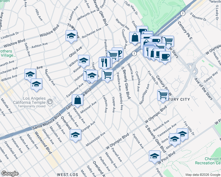 map of restaurants, bars, coffee shops, grocery stores, and more near 1844 Thayer Avenue in Los Angeles