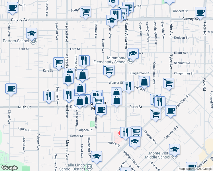 map of restaurants, bars, coffee shops, grocery stores, and more near 10342 Weaver Street in El Monte
